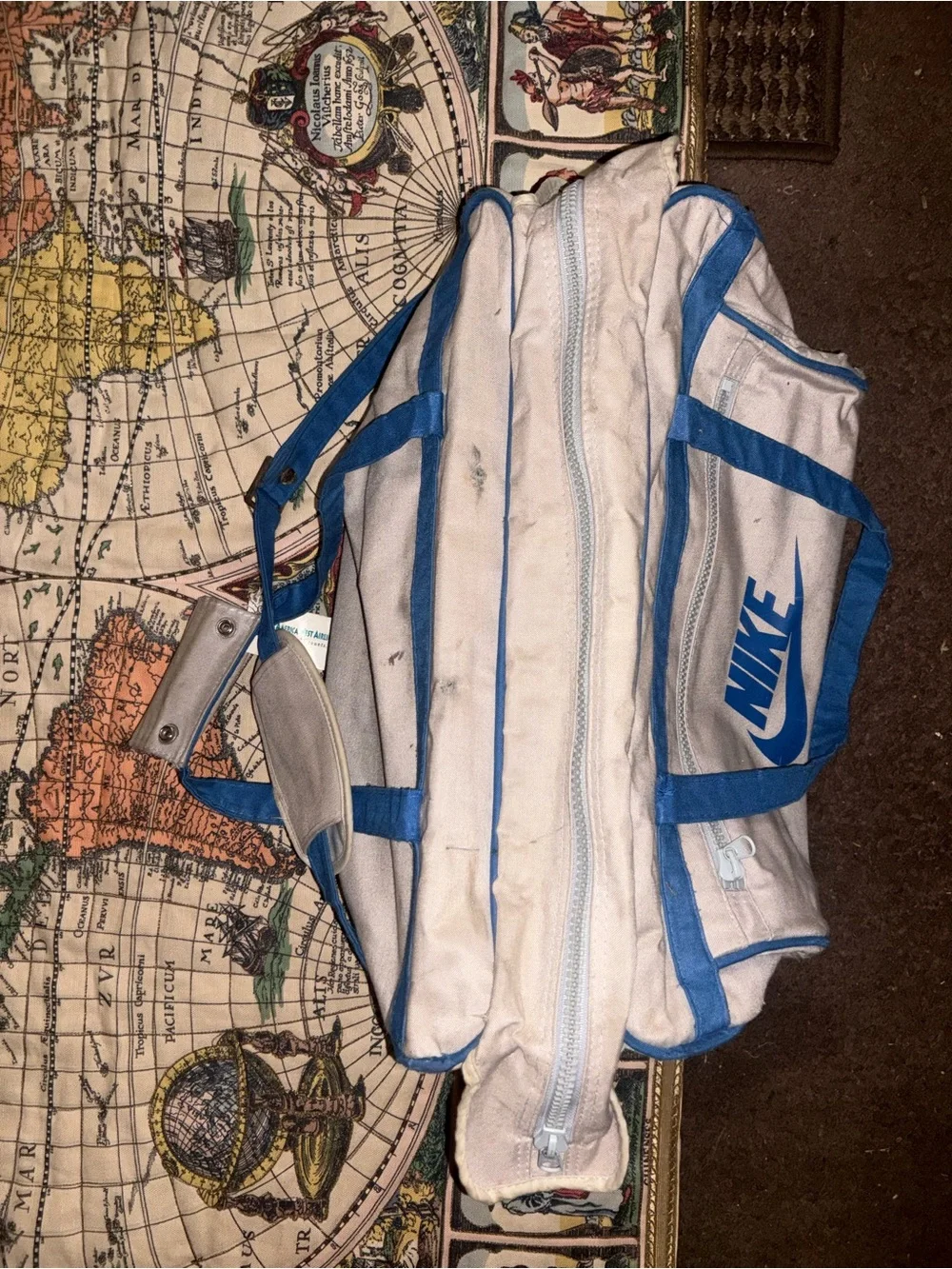 Nike White and Blue Canvas Duffel Bag